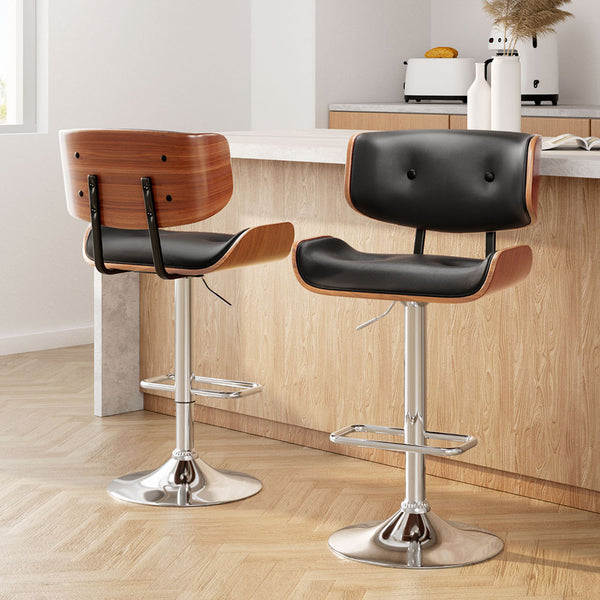 Artiss Set of 2 Wooden Gas Lift Bar Stools - Black and Chrome
