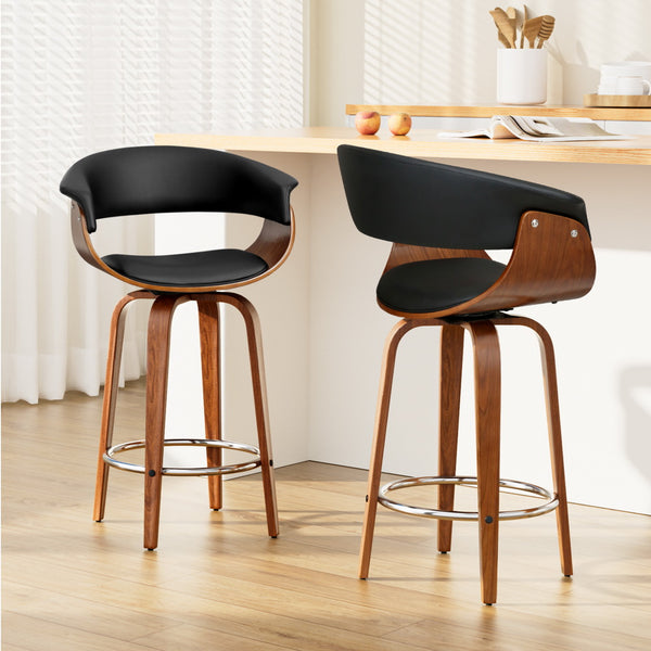 Artiss Set of 2 Swivel PU Leather Bar Stool - Wood and Black