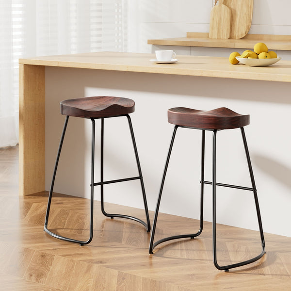 Artiss Set of 2 Elm Wood Backless Bar Stools 65cm - Black and Dark Natural