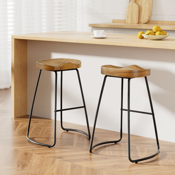 Artiss Set of 2 Elm Wood Backless Bar Stools 65cm - Black and Light Natural