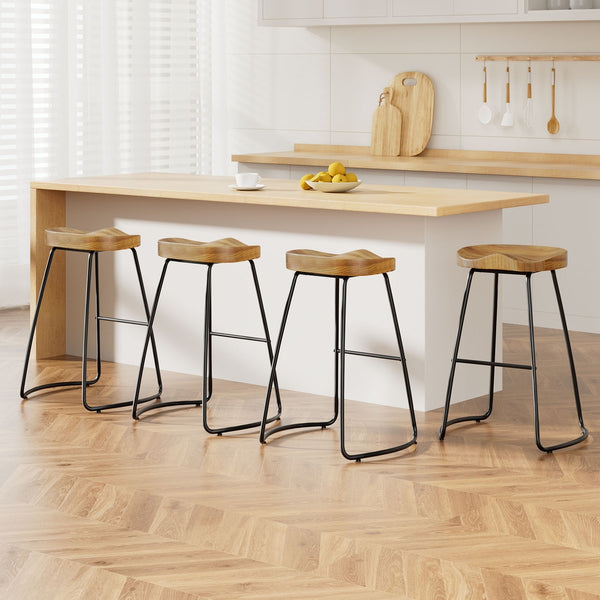 Artiss Set of 4 Elm Wood Backless Bar Stools 65cm - Black and Light Natural