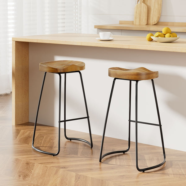 Artiss Set of 2 Elm Wood Backless Bar Stools 75cm - Black and Light Natural