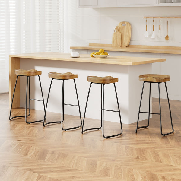 Artiss Set of 4 Elm Wood Backless Bar Stools 75cm - Black and Light Natural