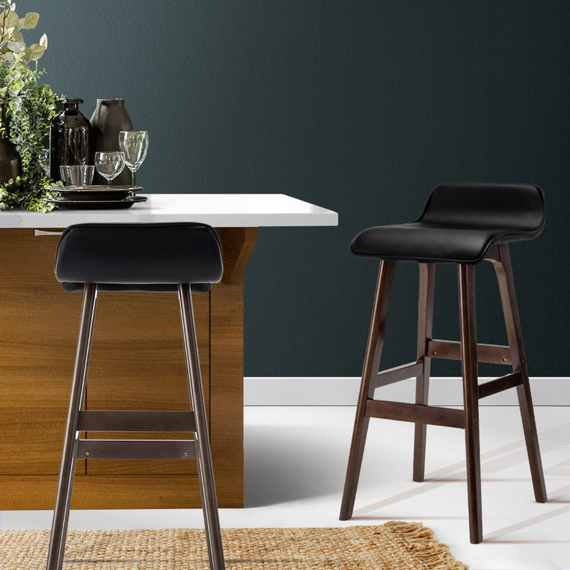 Artiss Set of 2 PU Leather Wood Wave Style Bar Stool - Black