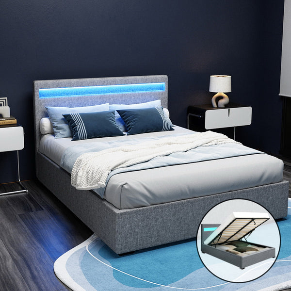 Artiss Cole LED Bed Frame Fabric Gas Lift Storage - Grey Double