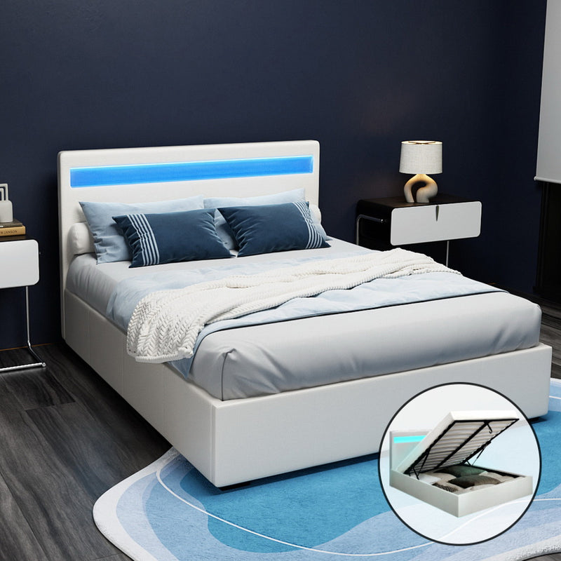 Artiss Cole LED Bed Frame PU Leather Gas Lift Storage - White Double