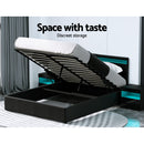 Artiss Cole LED Bed Frame PU Leather Gas Lift Storage - Black Queen