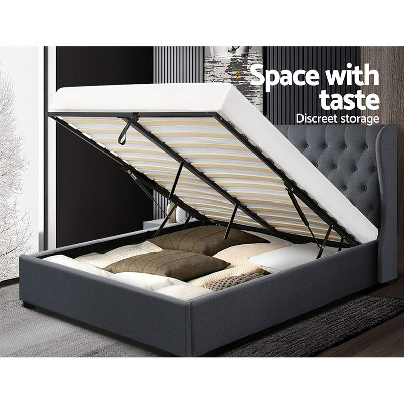 Artiss Issa Bed Frame Fabric Gas Lift Storage - Charcoal King
