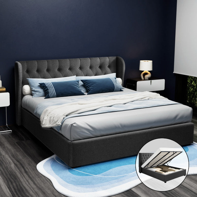 Artiss Issa Bed Frame Fabric Gas Lift Storage - Charcoal King