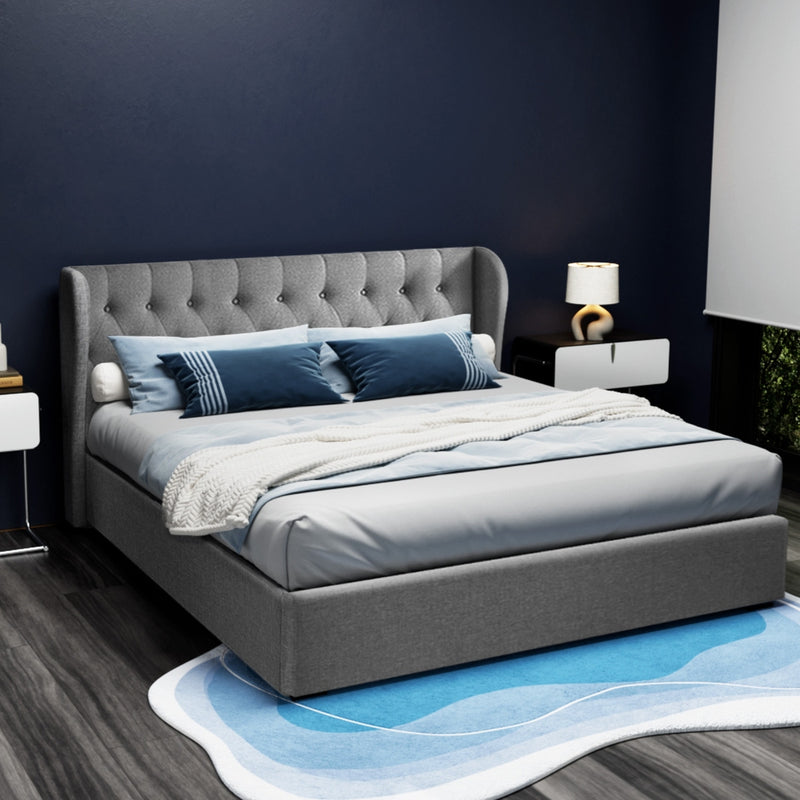 Artiss Issa Bed Frame Fabric Gas Lift Storage - Grey King