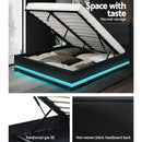 Artiss Lumi LED Bed Frame PU Leather Gas Lift Storage - Black Queen