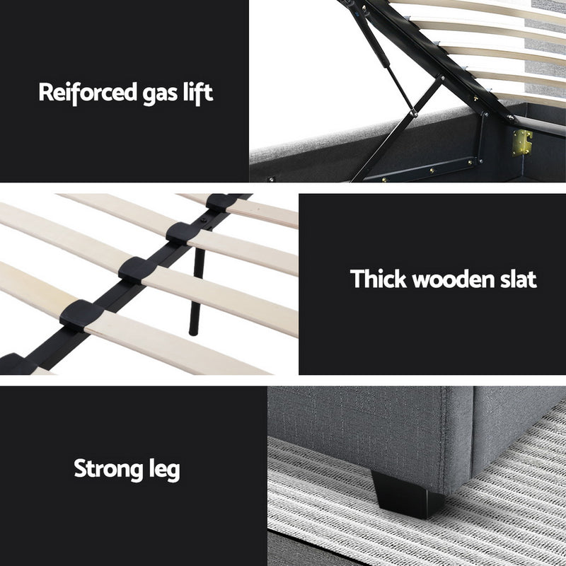 Artiss Vila Bed Frame Fabric Gas Lift Storage - Grey King Single