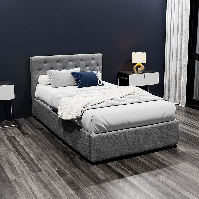 Artiss Vila Bed Frame Fabric Gas Lift Storage - Grey King Single