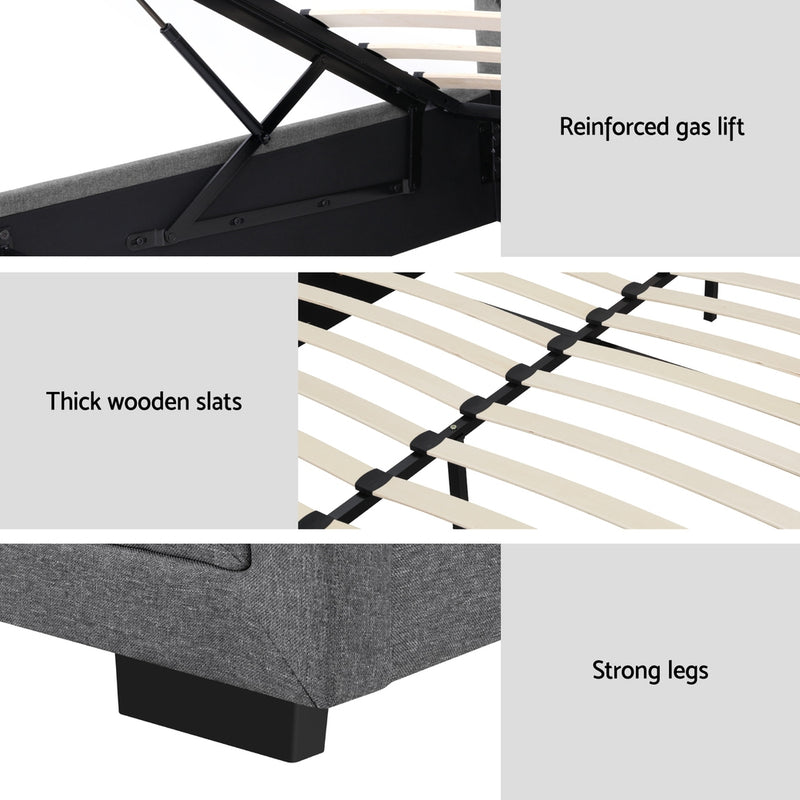 Artiss Tiyo Bed Frame Fabric Gas Lift Storage - Grey Double
