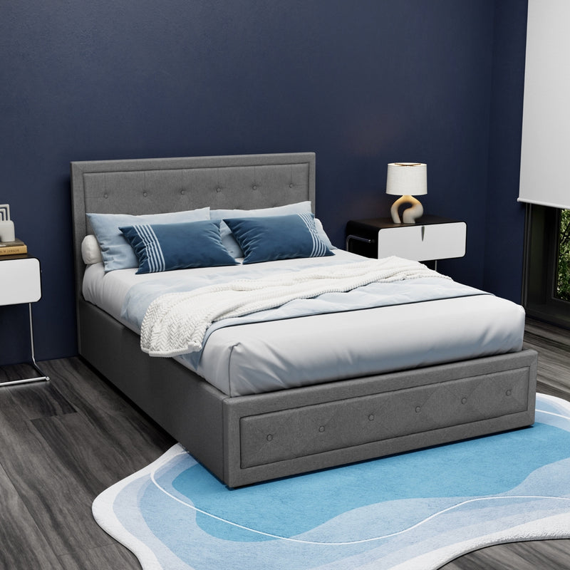 Artiss Tiyo Bed Frame Fabric Gas Lift Storage - Grey Double