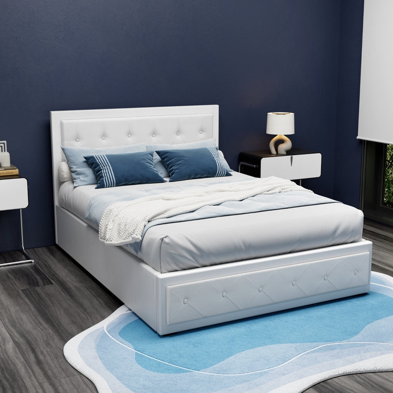 Artiss Tiyo Bed Frame PU Leather Gas Lift Storage - White Double