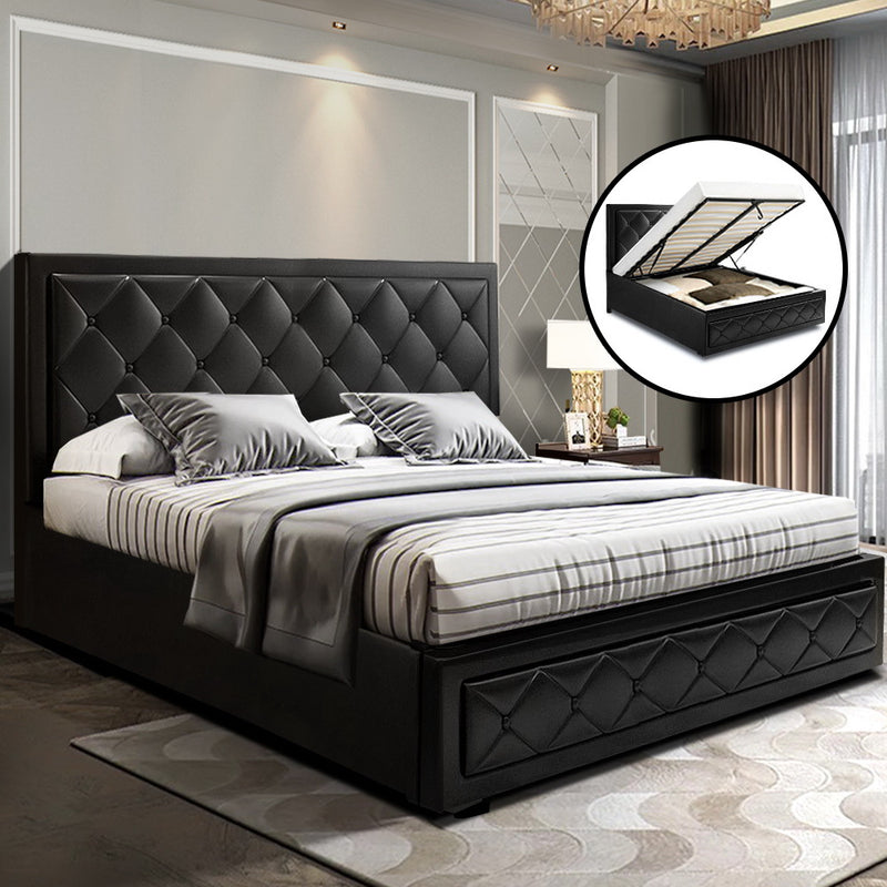 Artiss Bed Frame Double Size Gas Lift Base With Storage Black Leather