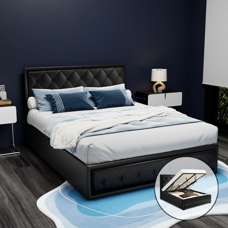 Artiss Bed Frame Double Size Gas Lift Base With Storage Black Leather