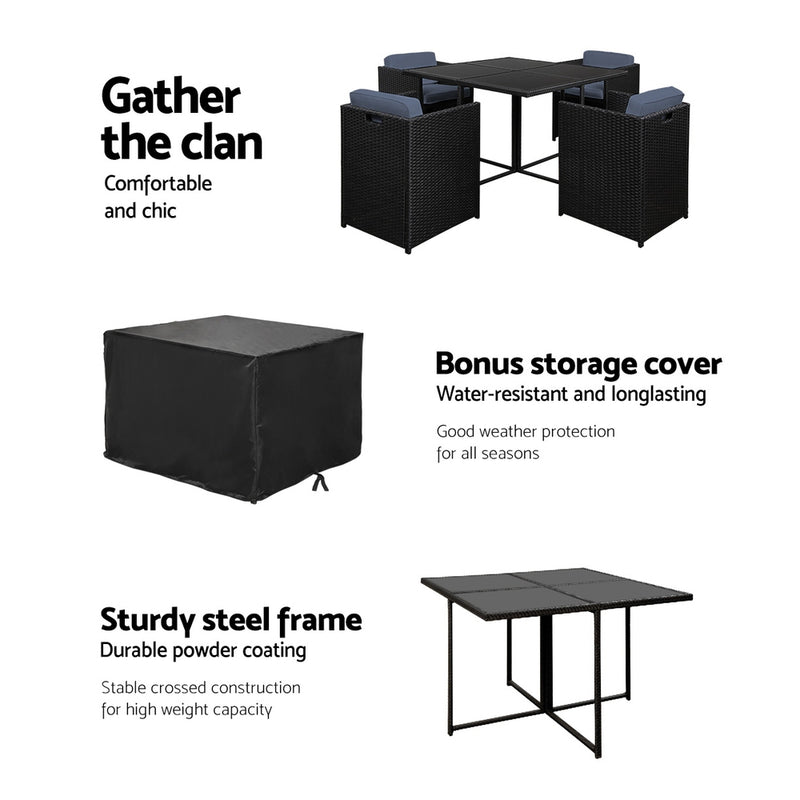 Gardeon 5 Piece Wicker Outdoor Dining Set - Black