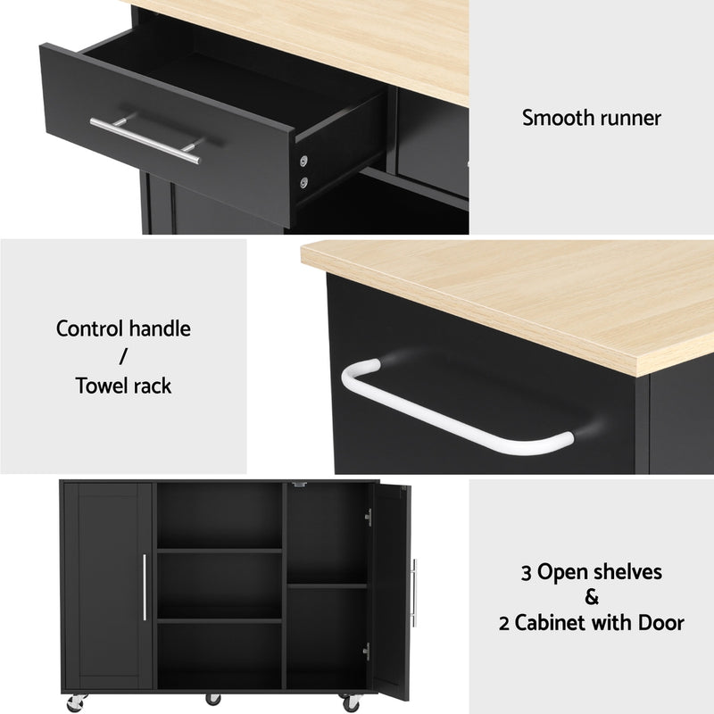 Artiss Kitchen Island Trolley Rolling Serving Cart Storage Drawer Cabinet 100cm Black