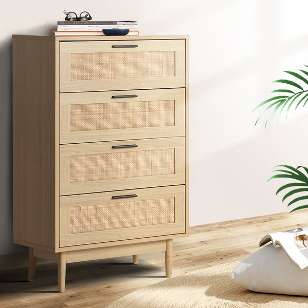 Artiss 4 Chest of Drawers Rattan Tallboy Cabinet Bedroom Clothes Storage Wood