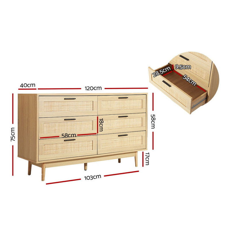 Artiss 6 Chest of Drawers Rattan Tallboy Cabinet Bedroom Clothes Storage Wood