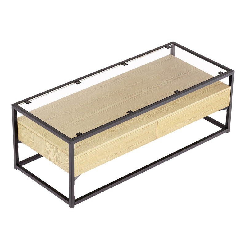 Artiss Coffee Table 2 Drawers Glass Tabletop Pine