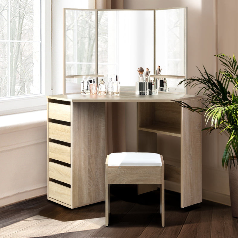 Artiss Corner Dressing Table Mirror Stool Set Makeup Vanity Desk Chair Oak