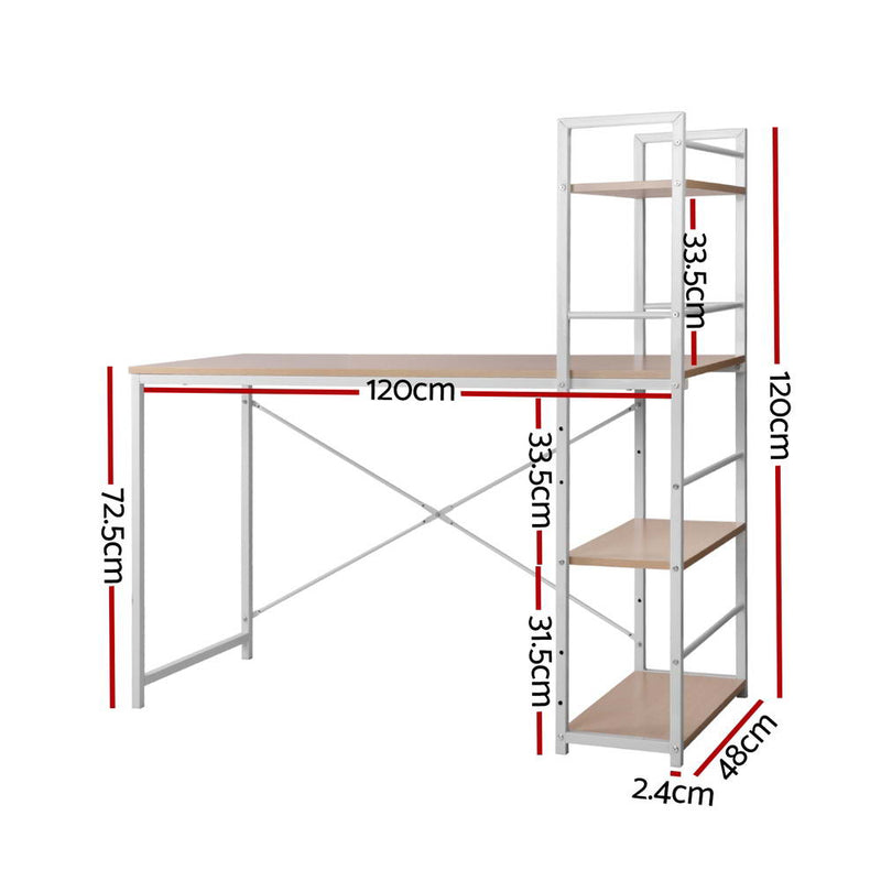 Artiss Metal Desk with Shelves - White with Oak Top