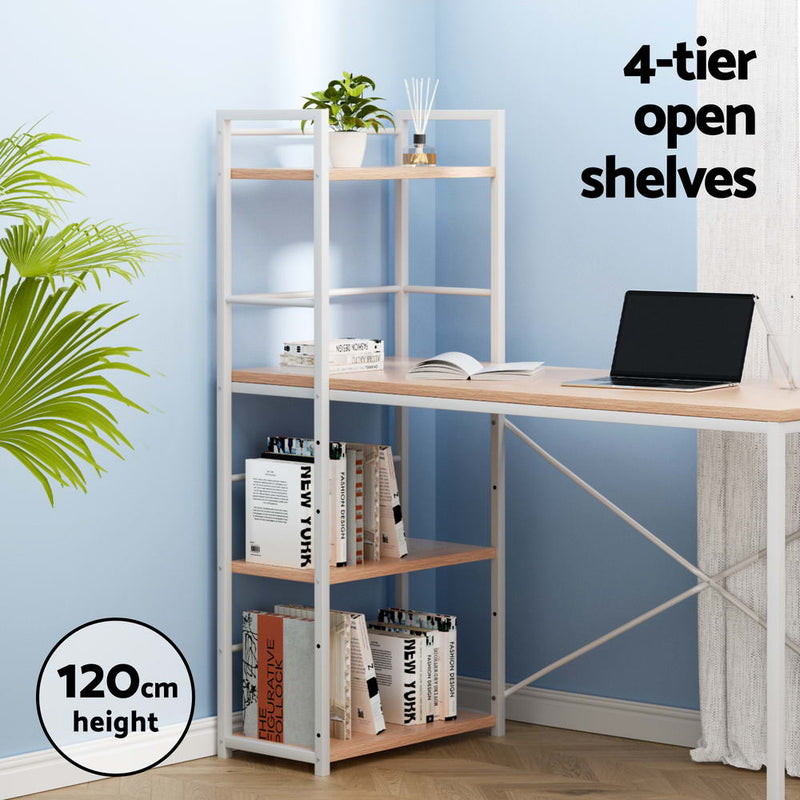 Artiss Metal Desk with Shelves - White with Oak Top