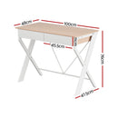 Artiss Metal Desk with Drawer - White with Oak Top