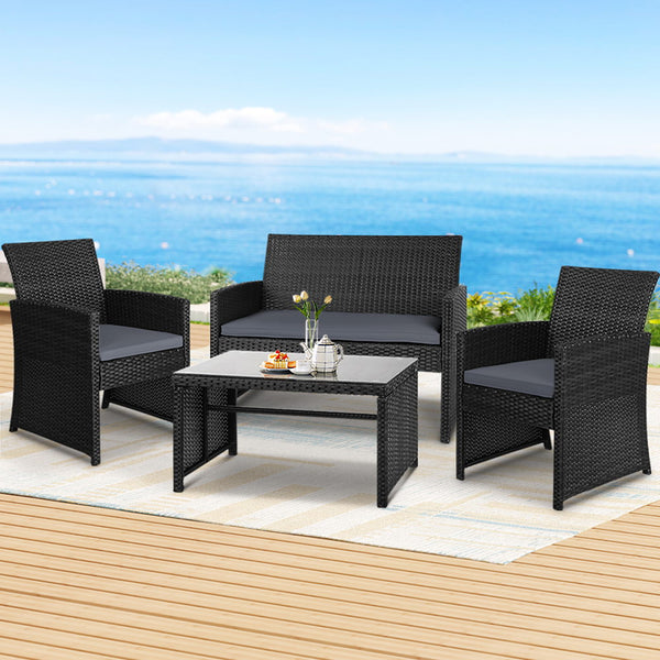 Gardeon Set of 4 Outdoor Wicker Chairs & Table - Black