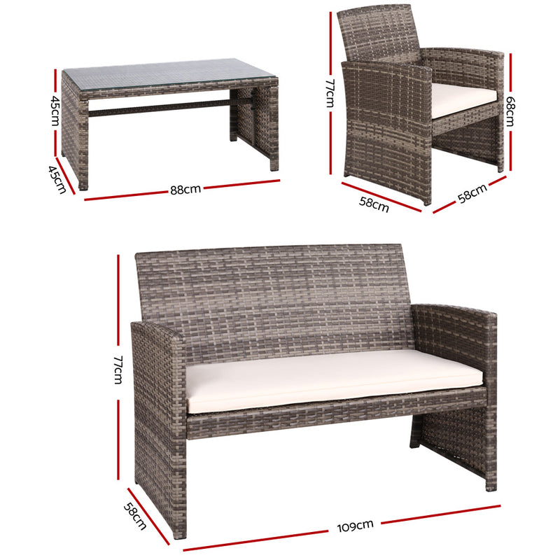 Gardeon Set of 4 Outdoor Wicker Chairs & Table - Grey