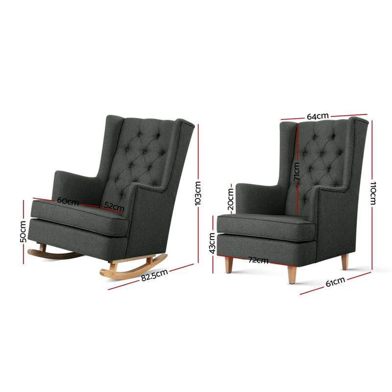 Artiss Rocking Armchair Feeding Chair Fabric Armchairs Lounge Recliner Charcoal