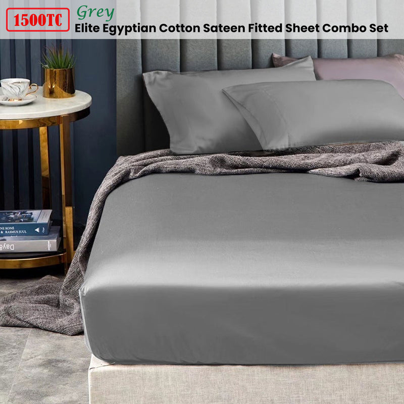 Ramesses 1500TC Elite Egyptian Cotton Sateen Fitted Sheet Combo Set Grey Single