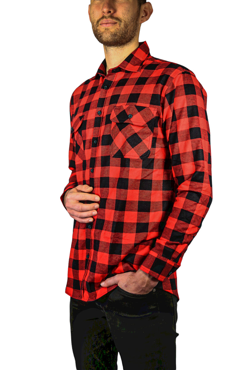 Mens 100% Cotton Flannelette Shirt Long Sleeve Check Authentic Flannel - Red/Black - 6XL