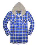 Mens Cotton Flannelette Shirt w Jersey Hood Long Sleeve Flannel - Spanish Blue - M