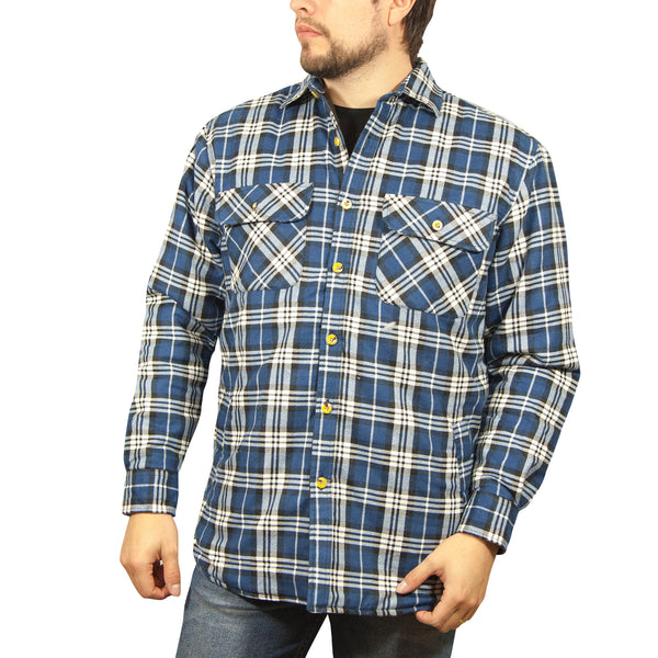 Jacksmith Quilted Flannelette Shirt Mens Jacket 100% Cotton Padded Warm Winter Flannel - Navy/Light Blue - L