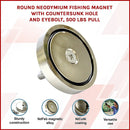Round Neodymium Fishing Magnet with Countersunk Hole and Eyebolt, 500 LBS pull