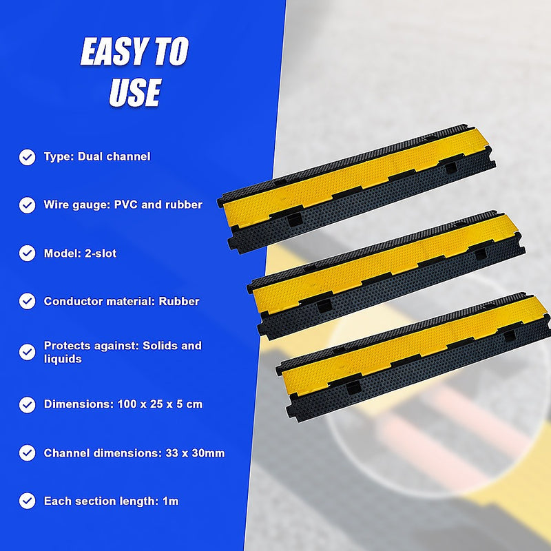 3pcs 2-Cable Rubber Electrical Wire Cover Heavy Duty Protector Dual Channel