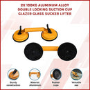 2x 100kg Aluminum Alloy Double Locking Suction Cup Glazer Glass Sucker Lifter