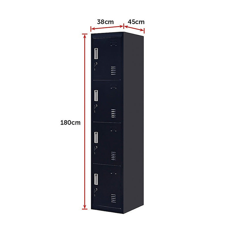 Standard Lock 4-Door Vertical Locker for Office Gym Shed School Home Storage Black