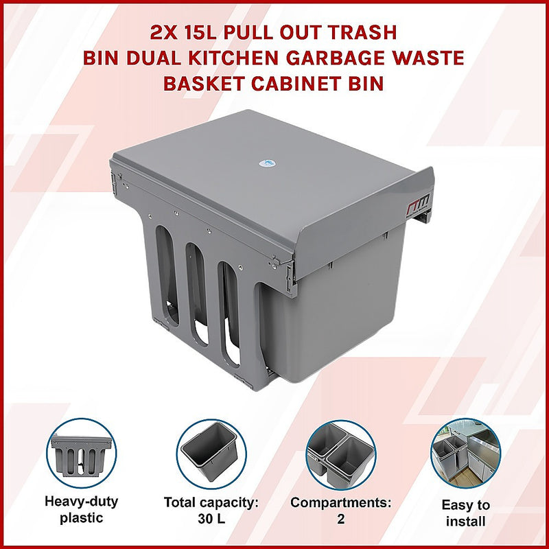 Set of 2 15L Pull Out Trash Bin Dual Kitchen Garbage Waste Basket Cabinet Bin