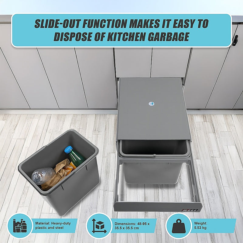 Set of 2 15L Pull Out Trash Bin Dual Kitchen Garbage Waste Basket Cabinet Bin