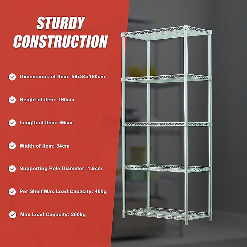 5 Tier Chrome Metal Storage Rack Shelving Wire Shelf