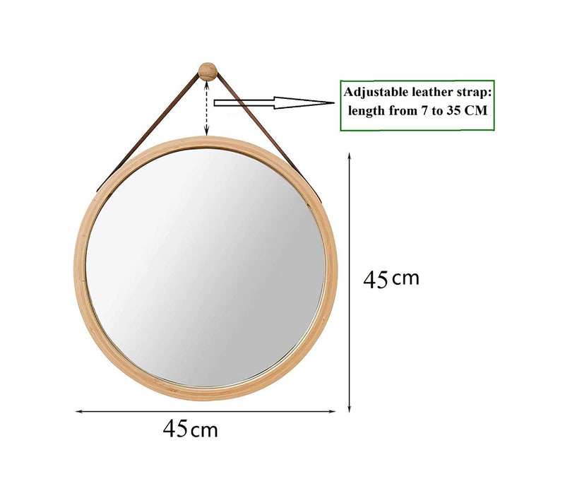 CARLA HOME Hanging Round Wall Mirror 45 cm - Solid Bamboo Frame and Adjustable Leather Strap for Bathroom and Bedroom