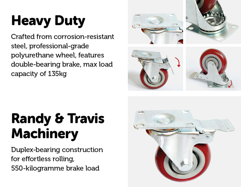 4 x 4" Heavy Duty PU Swivel Castor Wheels With Brake