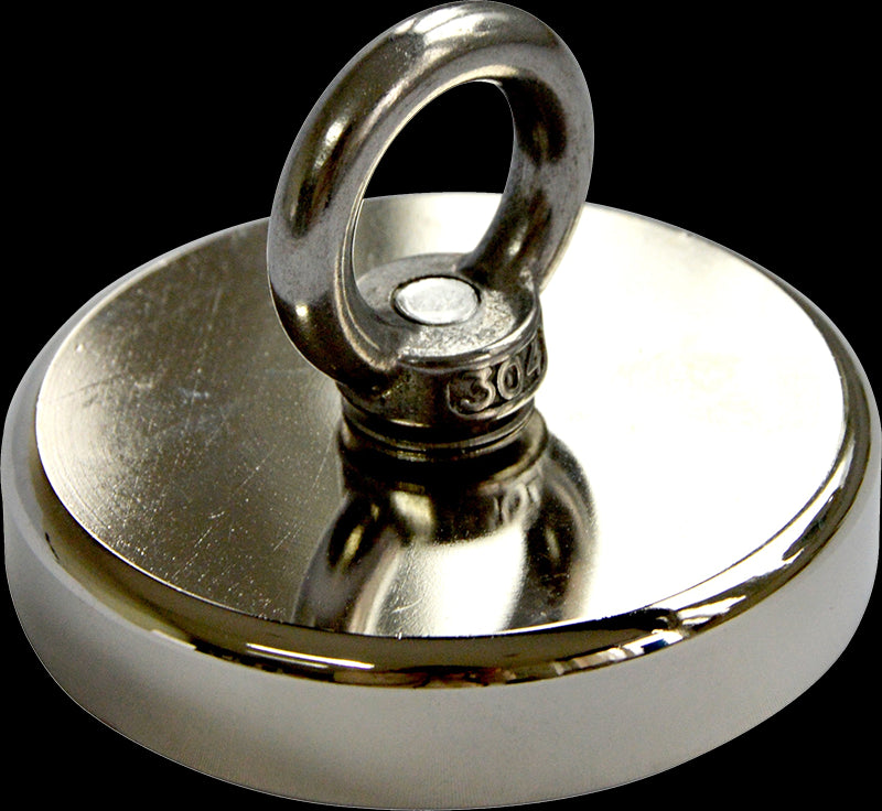 Round Neodymium Fishing Magnet with Countersunk Hole and Eyebolt, 500 LBS pull