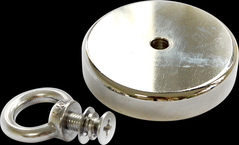 Round Neodymium Fishing Magnet with Countersunk Hole and Eyebolt, 500 LBS pull