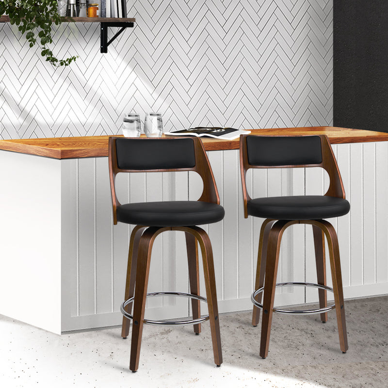 Artiss Set of 2 Wooden Bar Stools PU Leather - Black and Wood